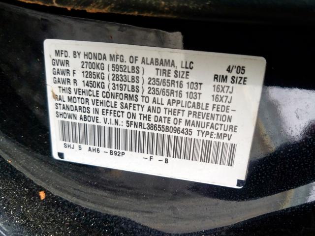 5FNRL38655B096435 - 2005 HONDA ODYSSEY EXL  photo 10