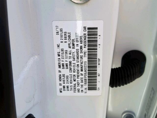 19UUB1F59JA002315 - 2018 ACURA TLX TECH WHITE photo 10