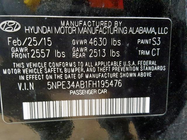 5NPE34AB1FH195476 - 2015 HYUNDAI SONATA SPO BLACK photo 10