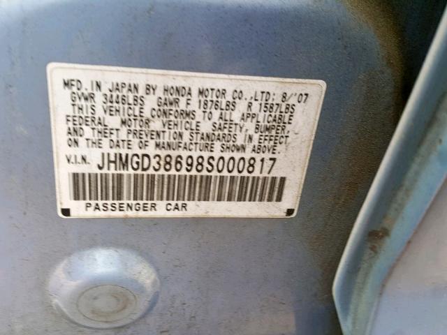 JHMGD38698S000817 - 2008 HONDA FIT SPORT BLUE photo 10