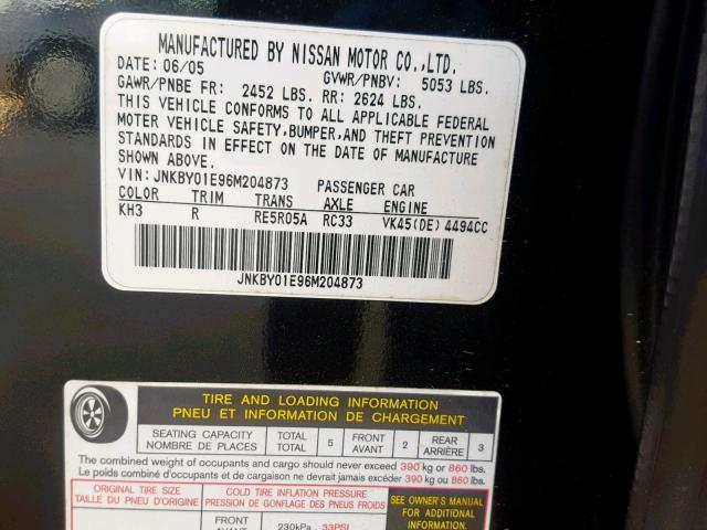 JNKBY01E96M204873 - 2006 INFINITI M45 BASE BLACK photo 10