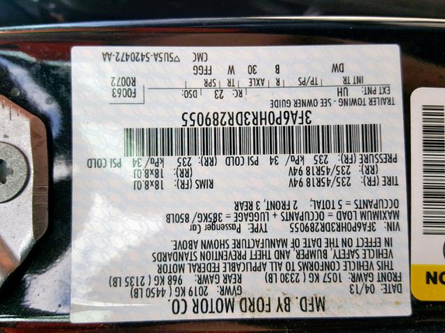 3FA6P0HR3DR289055 - 2013 FORD FUSION SE BLACK photo 10