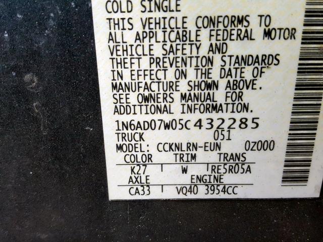 1N6AD07W05C432285 - 2005 NISSAN FRONTIER C GRAY photo 10