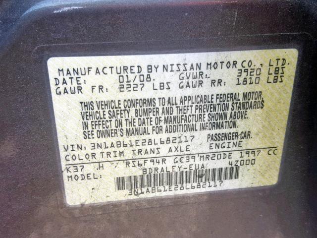 3N1AB61E28L682117 - 2008 NISSAN SENTRA 2.0 BROWN photo 10