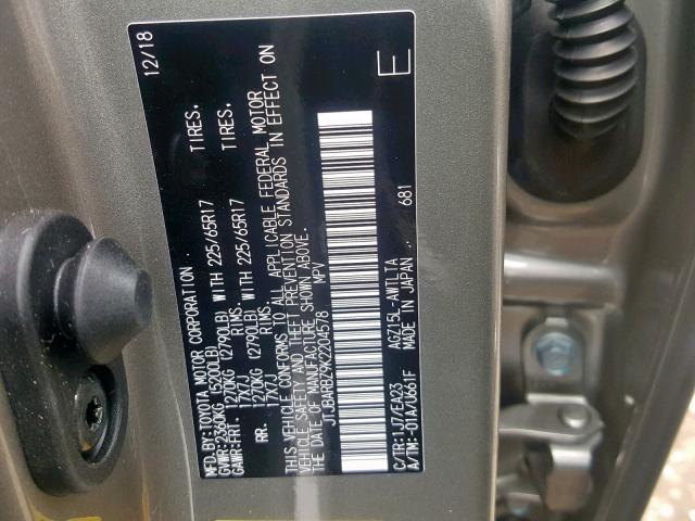 JTJBARBZ9K2204578 - 2019 LEXUS NX 300 GRAY photo 10