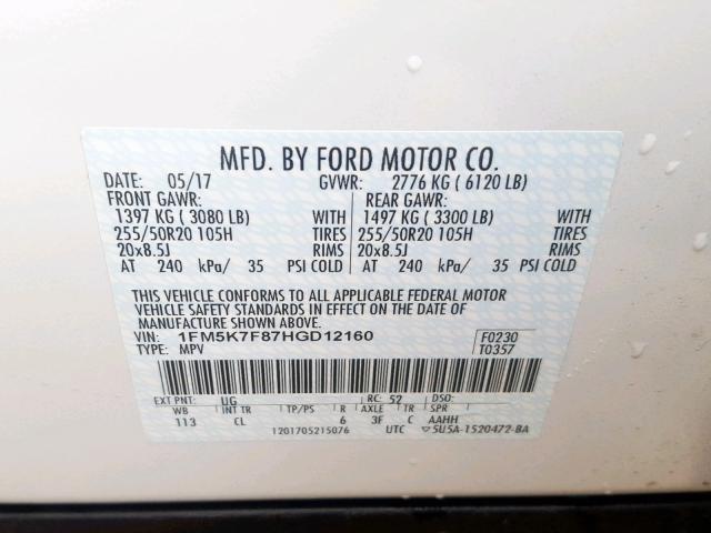 1FM5K7F87HGD12160 - 2017 FORD EXPLORER L WHITE photo 10