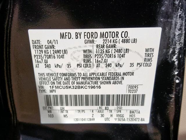 1FMCU5K32BKC19616 - 2011 FORD ESCAPE HYB BLACK photo 10