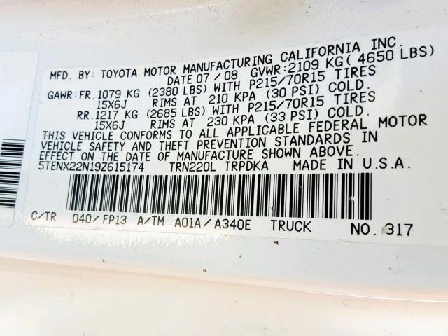 5TENX22N19Z615174 - 2009 TOYOTA TACOMA WHITE photo 10