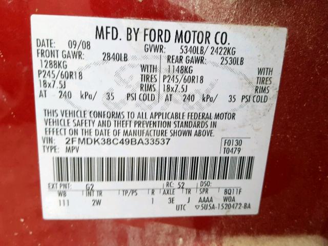 2FMDK38C49BA33537 - 2009 FORD EDGE SEL RED photo 10