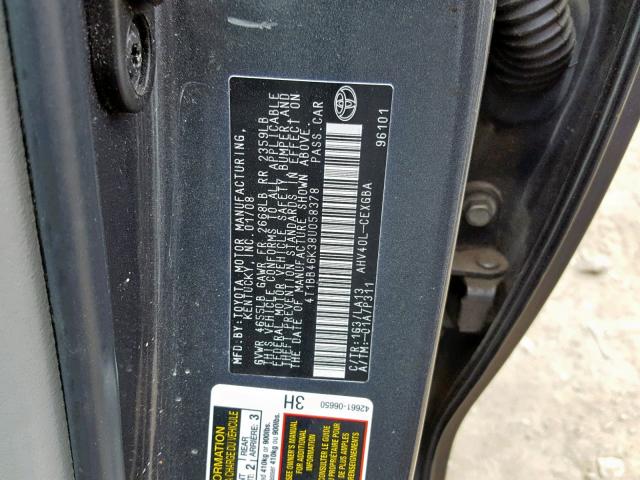 4T1BB46K38U058378 - 2008 TOYOTA CAMRY HYBR CHARCOAL photo 10