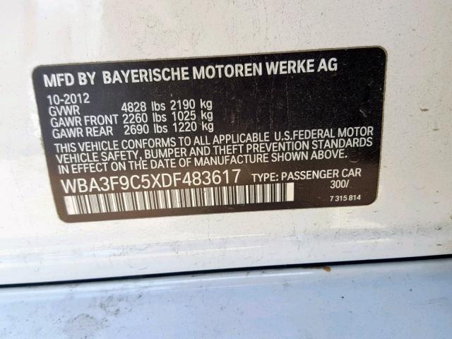 WBA3F9C5XDF483617 - 2013 BMW ACTIVEHYBR WHITE photo 10