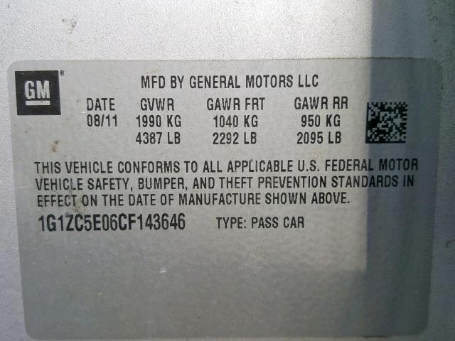 1G1ZC5E06CF143646 - 2012 CHEVROLET MALIBU 1LT SILVER photo 10