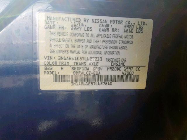 3N1AB61E57L627210 - 2007 NISSAN SENTRA 2.0 BLUE photo 10