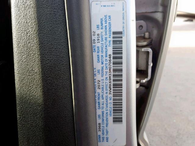 3VWRK69M33M070648 - 2003 VOLKSWAGEN JETTA GL SILVER photo 10