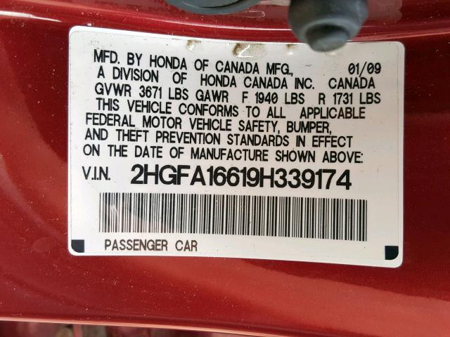 2HGFA16619H339174 - 2009 HONDA CIVIC LX-S Tünd qırmızı foto 10