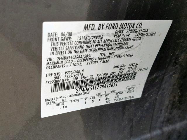 2FMDK51C79BA12851 - 2009 FORD FLEX SE SILVER photo 10