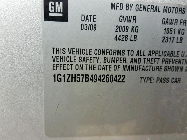 1G1ZH57B494260422 - 2009 CHEVROLET MALIBU 1LT 银色 照片 10