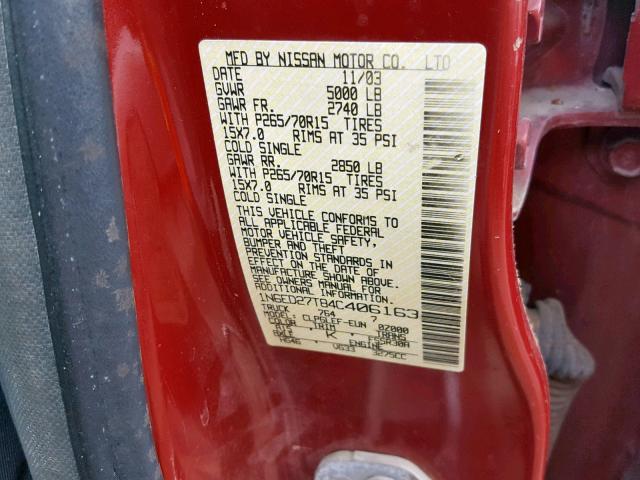 1N6ED27T84C406163 - 2004 NISSAN FRONTIER C RED photo 10