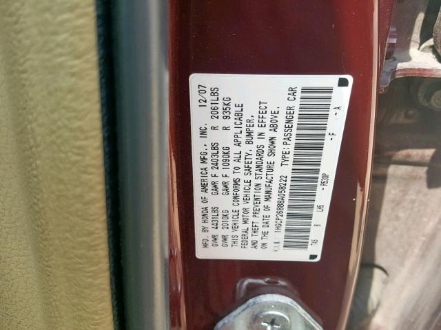 1HGCP26888A058222 - 2008 HONDA ACCORD EXL BURGUNDY photo 10