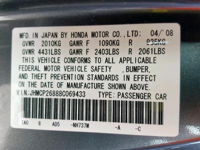 JHMCP26888C069433 - 2008 HONDA ACCORD EXL GRAY photo 10