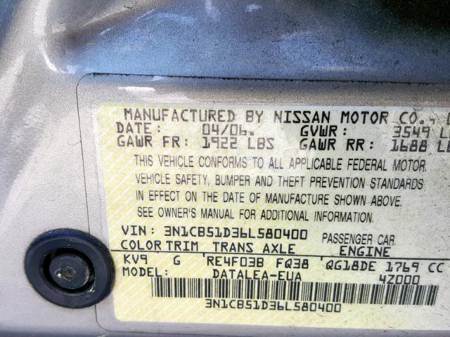 3N1CB51D36L580400 - 2006 NISSAN SENTRA 1.8 GOLD photo 10