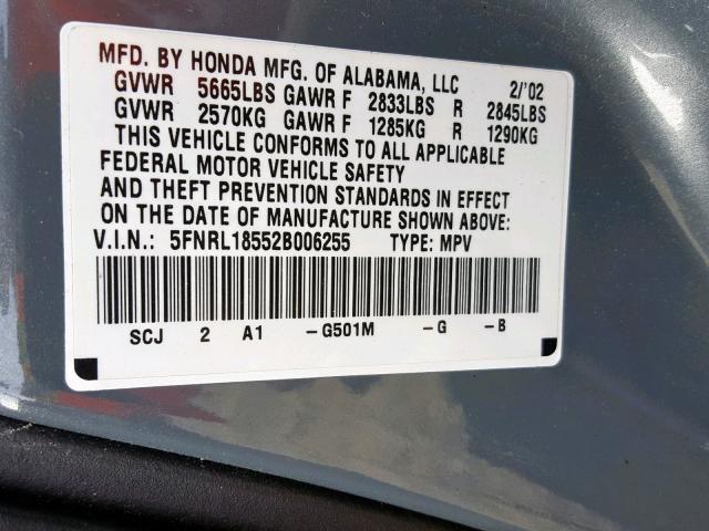 5FNRL18552B006255 - 2002 HONDA ODYSSEY LX BLUE photo 10