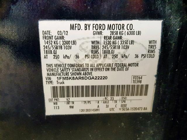 1FM5K8AR6DGA22220 - 2013 FORD EXPLORER P BLUE photo 10