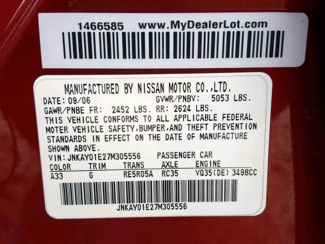 JNKAY01E27M305556 - 2007 INFINITI M35 BASE RED photo 10