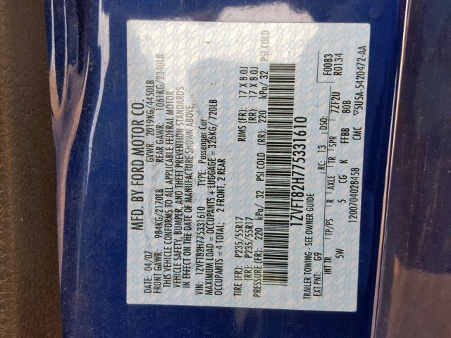 1ZVFT82H775331610 - 2007 FORD MUSTANG GT BLUE photo 10