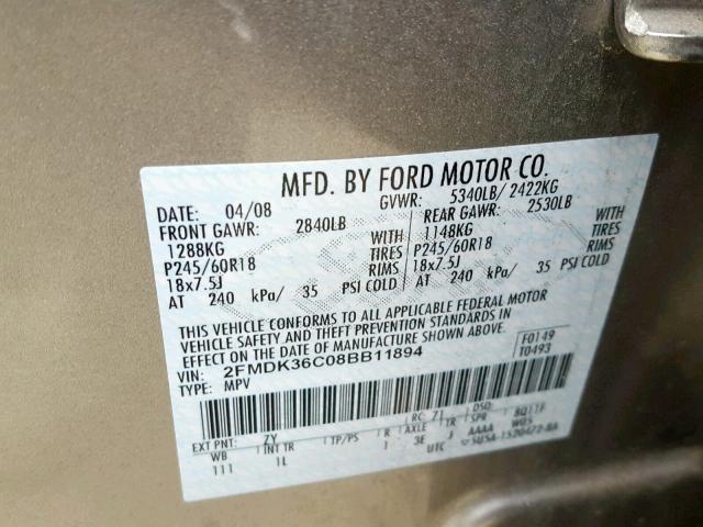 2FMDK36C08BB11894 - 2008 FORD EDGE SE GRAY photo 10