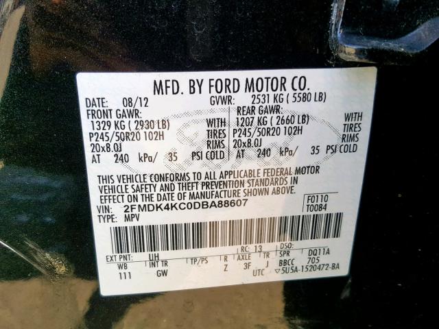 2FMDK4KC0DBA88607 - 2013 FORD EDGE LIMIT BLACK photo 10