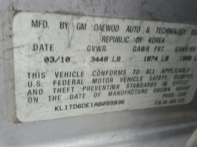 KL1TD6DE1AB099936 - 2010 CHEVROLET AVEO LS SILVER photo 10