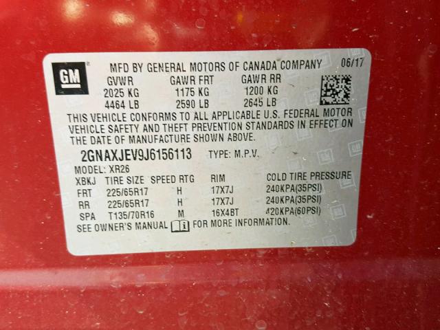 2GNAXJEV9J6156113 - 2018 CHEVROLET EQUINOX LT RED photo 10