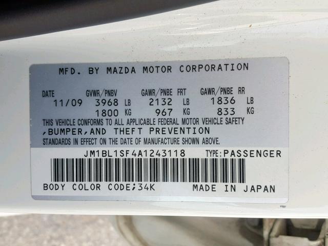 JM1BL1SF4A1243118 - 2010 MAZDA 3 WHITE photo 10