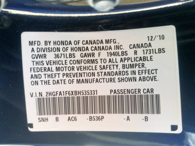 2HGFA1F6XBH535331 - 2011 HONDA CIVIC LX-S  صورة 10