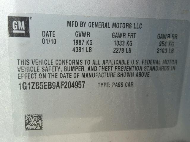 1G1ZB5EB9AF204957 - 2010 CHEVROLET MALIBU LS SILVER photo 10