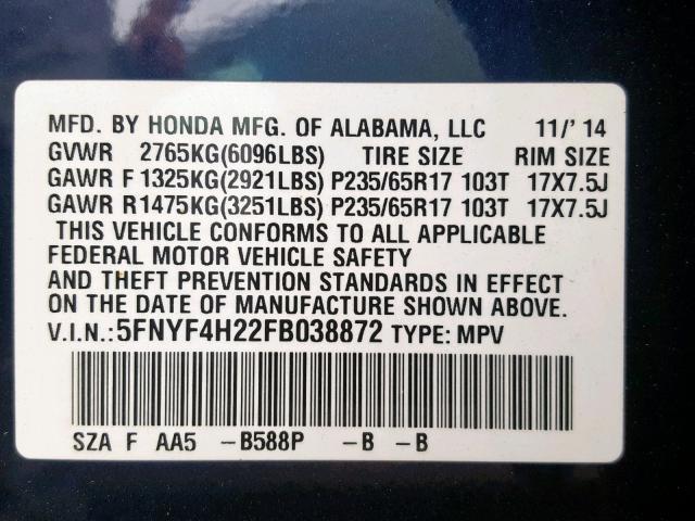 5FNYF4H22FB038872 - 2015 HONDA PILOT LX BLUE photo 10