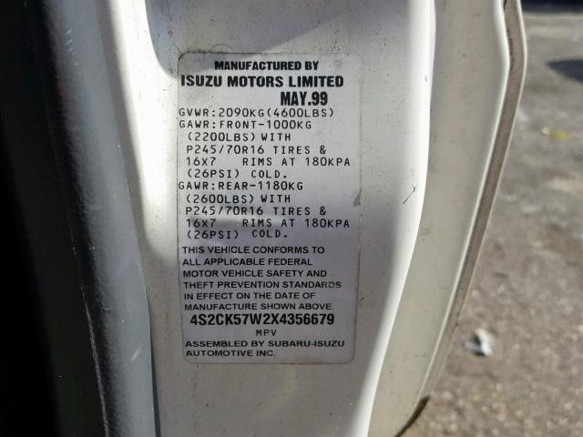 4S2CK57W2X4356679 - 1999 ISUZU AMIGO WHITE photo 10