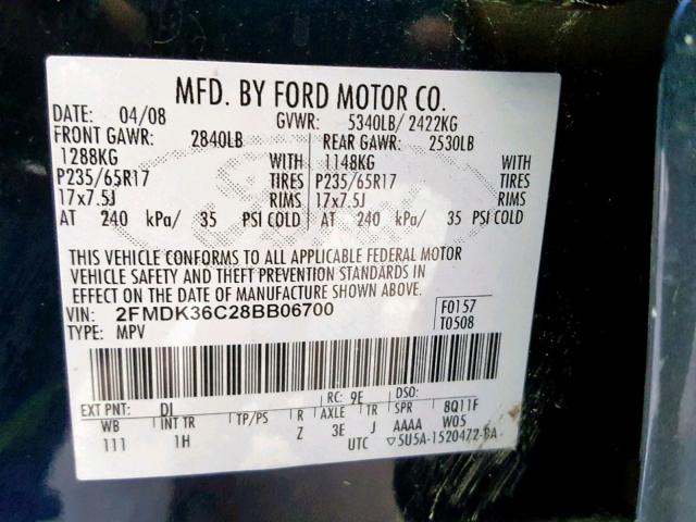 2FMDK36C28BB06700 - 2008 FORD EDGE SE BLUE photo 10