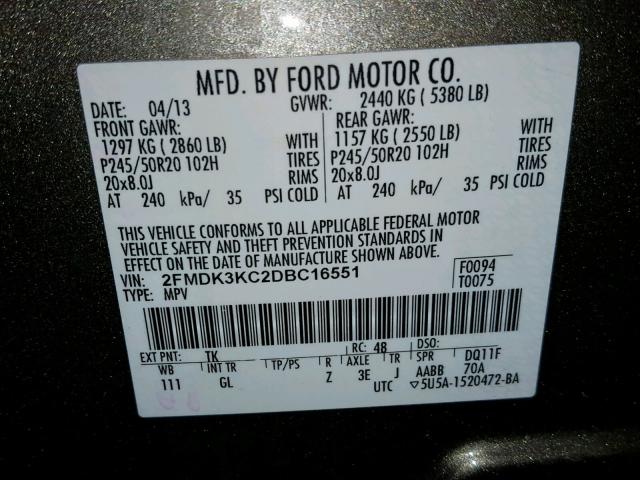 2FMDK3KC2DBC16551 - 2013 FORD EDGE LIMIT GRAY photo 10