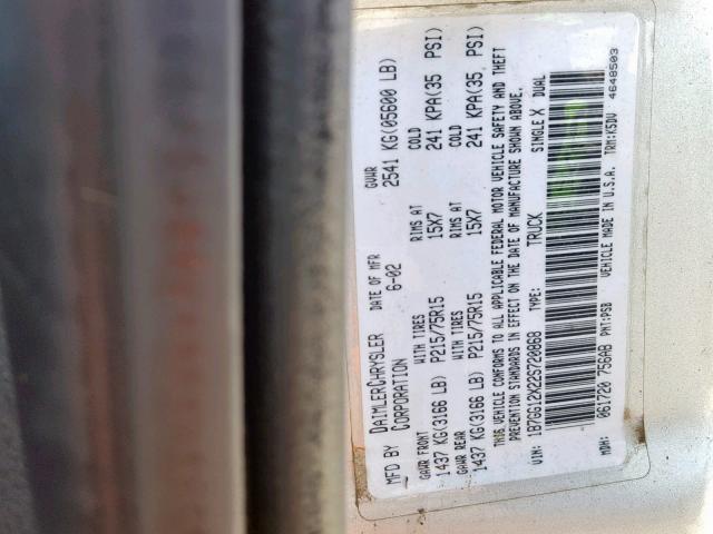 1B7GG12X22S720868 - 2002 DODGE DAKOTA BAS SILVER photo 10