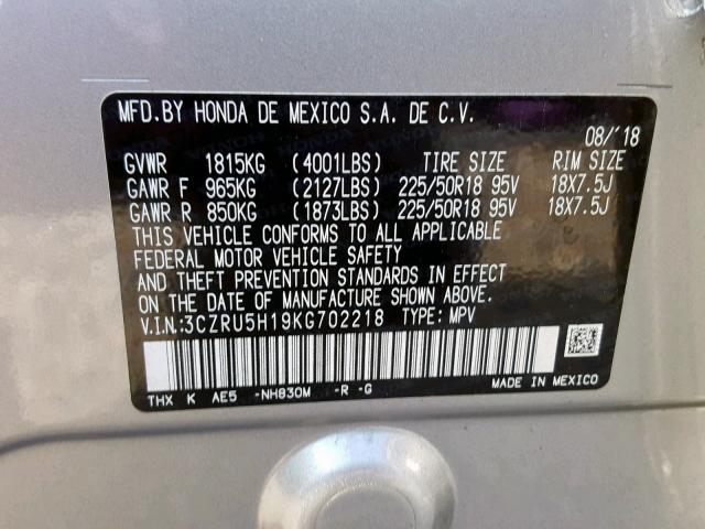 3CZRU5H19KG702218 - 2019 HONDA HR-V SPORT SILVER photo 10