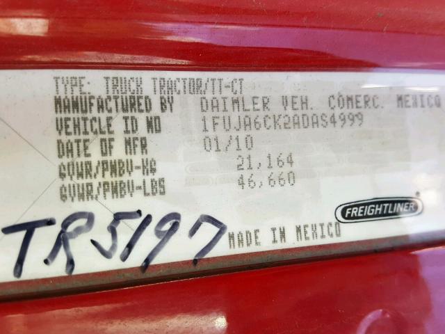 1FUJA6CK2ADAS4999 - 2010 FREIGHTLINER CONVENTION RED photo 10