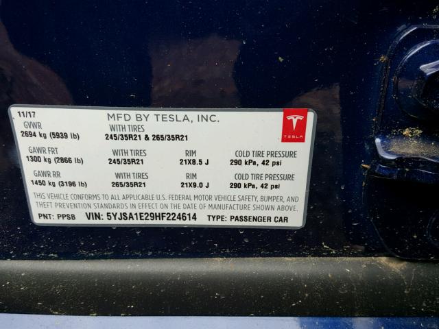 5YJSA1E29HF224614 - 2017 TESLA MODEL S أزرق صورة 10