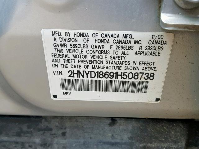 2HNYD18691H508738 - 2001 ACURA MDX TOURIN SILVER photo 10