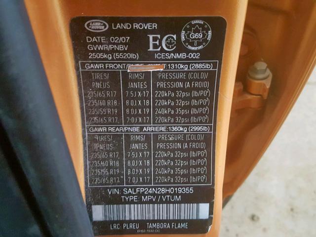 SALFP24N28H019355 - 2008 LAND ROVER LR2 SE GOLD photo 10