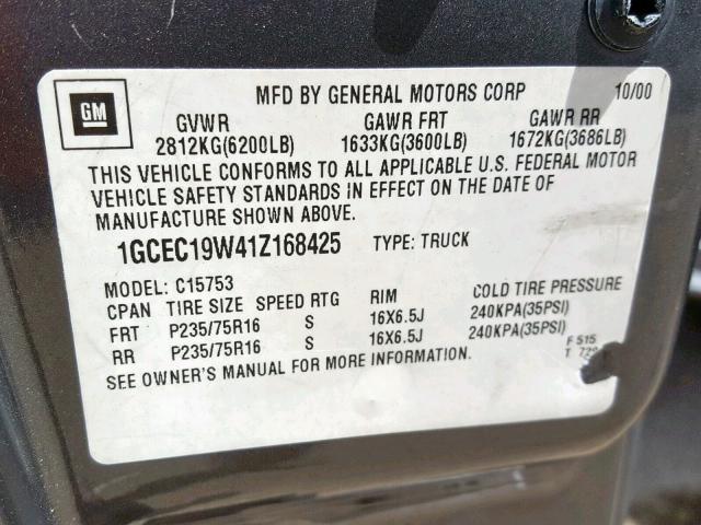 1GCEC19W41Z168425 - 2001 CHEVROLET SILVERADO GRAY photo 10