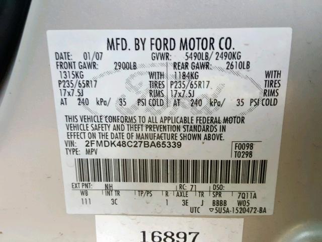 2FMDK48C27BA65339 - 2007 FORD EDGE SEL GOLD photo 10