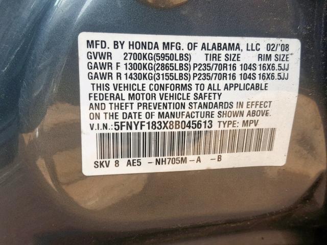 5FNYF183X8B045613 - 2008 HONDA PILOT SE CHARCOAL photo 10