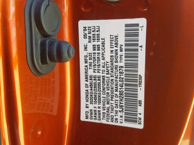 5J6YH28514L021879 - 2004 HONDA ELEMENT EX ORANGE photo 10